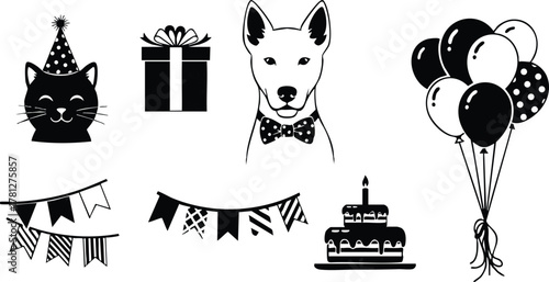 Birthday party elements with cat dog gift cake balloons and flags vector illustration festive celebration design 