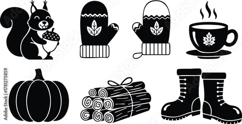 Autumn seasonal black silhouette vector icons with squirrel, mittens, coffee cup, pumpkin, wood logs, and boots design 