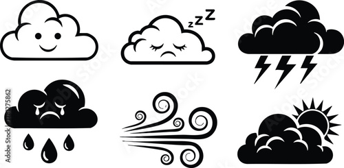 Weather icons with clouds sun rain wind and thunderstorm vector illustration in simple black and white style 