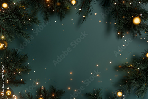 Christmas pine branches and golden garland holiday decoration with lights. 3d rendering