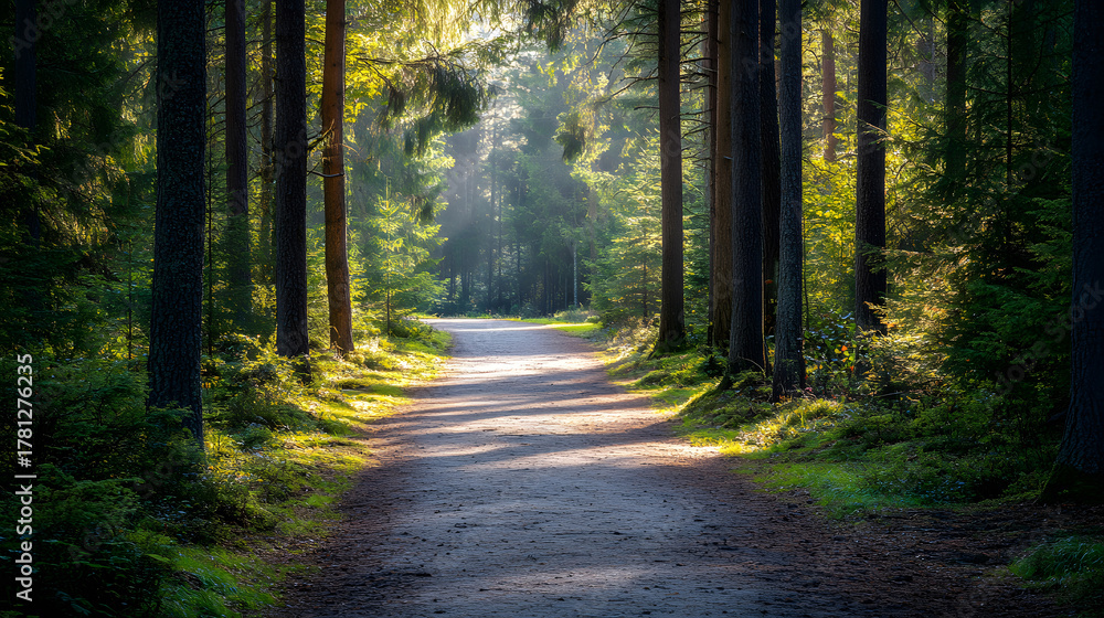 Fototapeta premium A sunlit path winds through a dense forest with tall trees and lush greenery, creating a peaceful natural scene.
