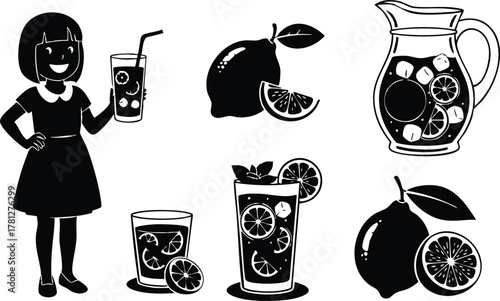 Woman holding glass of citrus juice with lemons and pitcher vector illustration in black silhouette style 