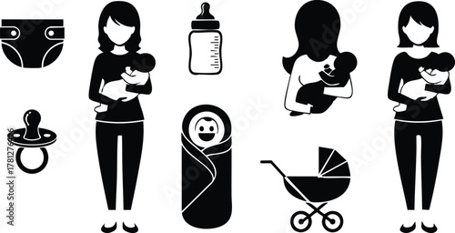 Mother holding baby with baby bottle pacifier stroller diaper icons vector illustration 