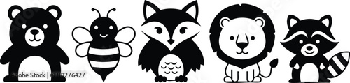 Cute cartoon bear bee fox lion and raccoon characters in simple black and white vector illustration 