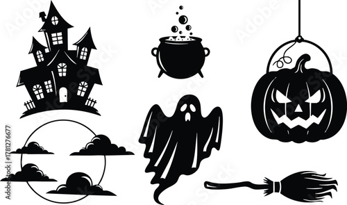 Halloween spooky haunted house with ghost pumpkin broom cauldron and full moon vector illustration black silhouette 