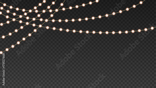 Warm white glowing string lights garland with multiple hanging rows, soft festive illumination vector overlay for holiday, wedding, or celebration background decoration isolated on transparent