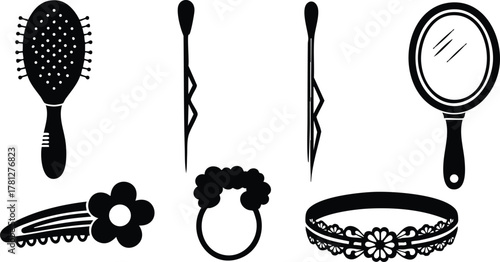 Hair Accessories Set with Brush Comb Mirror and Decorative Clips Vector Illustration Black Silhouettes 
