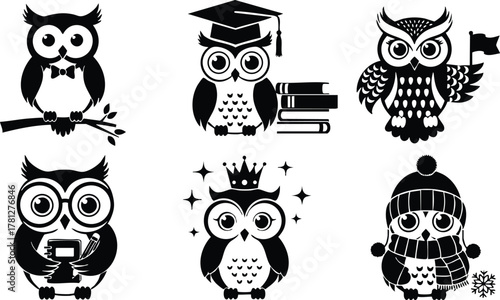 Owl characters with graduation cap, books, crown, winter hat, and flag vector illustration collection 
