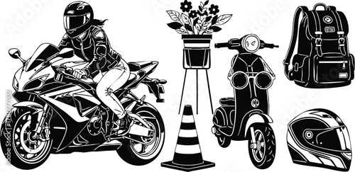 Motorcycle rider with sportbike helmet backpack scooter and traffic cone vector illustration in black and white 