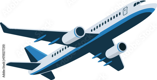 Dark blue and light blue passenger jet airplane in flight aircraft aviation vector illustration EPS file download.
