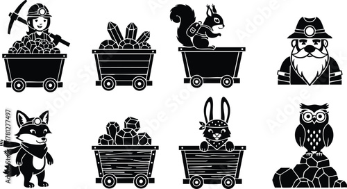 Cartoon style mining carts with miner, bread, squirrel, fox, rocks, rabbit, and owl in black silhouette vector illustration 