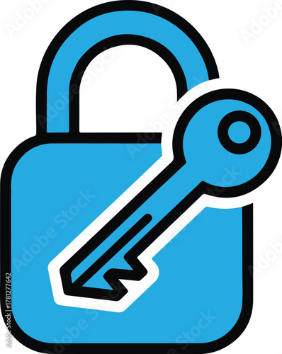 Blue padlock and key icon with black outline security access vector illustration EPS file download.
