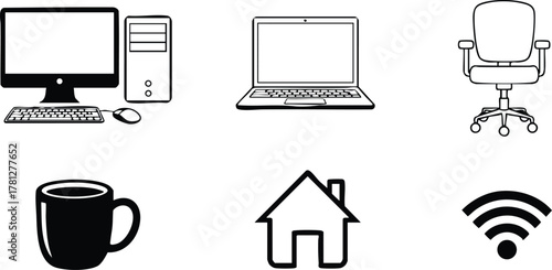Computer desktop laptop office chair coffee cup house wifi icons vector illustration 
