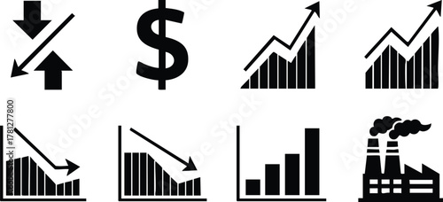 Financial and Industry Icons Set Including Dollar Symbol, Graphs, and Factory Illustrations Vector Collection 