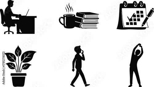 Office worker at desk with laptop and daily schedule calendar with coffee cup vector illustration set 