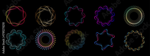 Colorful neon dotted circular patterns. Gradient halftone swirl shapes symbolizing speed, energy, and rotation. Vector abstract background for technology and innovation themes.