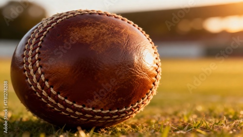 Cricket Ball Closeup Brown Leather Field Background
