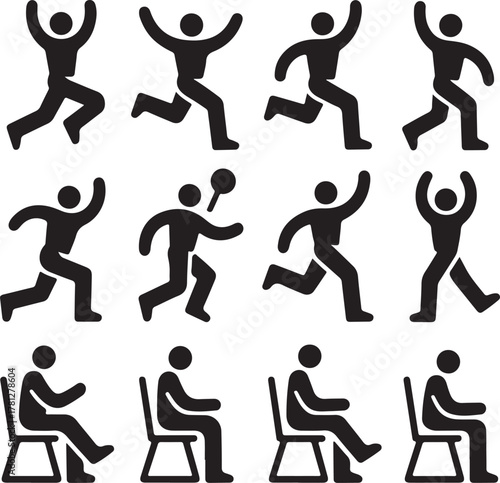 Black human figures in various poses running sitting and playing ball silhouette person vector illustration EPS file download.
