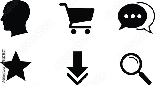 Human head silhouette star shopping cart download arrow speech bubble and magnifying glass icons vector illustration 