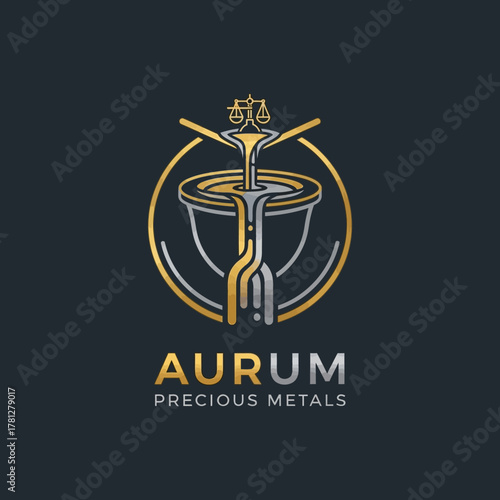 A modern logo design for Aurum Precious Metals, featuring a stylized depiction of molten gold being poured into a mold, with a balance scale at the top.