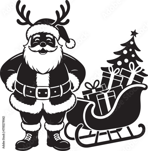 Santa Claus with Reindeer Antlers Sleigh Full of Gifts and Christmas Tree present vector illustration EPS file download.
