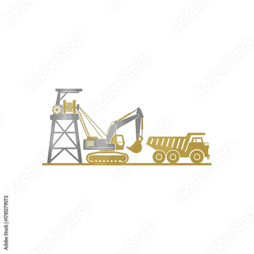Industrial scene with mining derrick, excavator, and dump truck in metallic colors.
