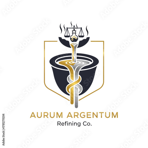 Aurum Argentum Refining Co. logo featuring a stylized crucible with molten gold and silver being poured into it, above a balance scale.
