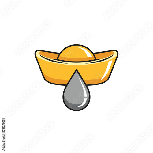 Illustration of a golden sycee ingot with a gray liquid drop below it.