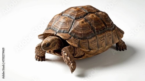 A hyper-realistic video of a tortoise walking slowly on a clean white background. Textured shell and wrinkled skin in cinematic realism.