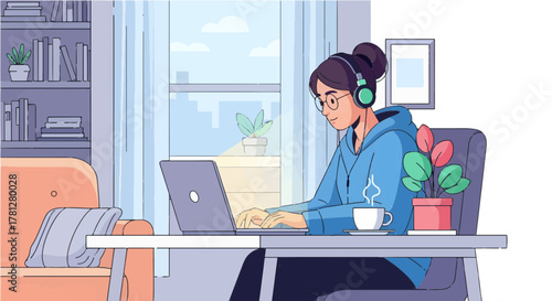 Young woman working on laptop at home office desk