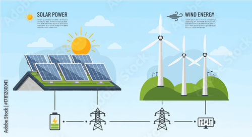 Solar power and wind energy infographic with battery storage