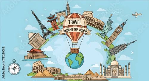 Travel around the world with famous landmarks and hot air balloon