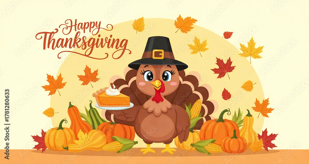 Obraz premium Animated Thanksgiving Illustration: Turkey, Pumpkin Pie, and Corn in Autumn.