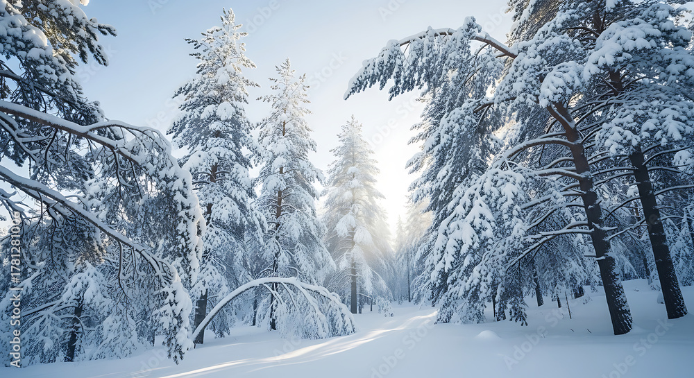 Obraz premium A snowy forest landscape with tall evergreen trees covered in snow on a bright sunny winter day ai generated
