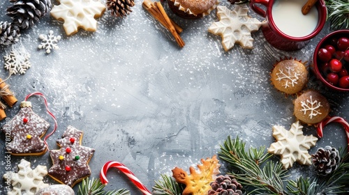 festive arrangement of Christmas cookies, pine cones, and cinnamon sticks on a snowy surface. cup of milk and red berries, holiday scene, horizontal banner, copy space, free space for text