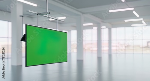 Green Screen Monitor Hanging in Modern Office Space interior chroma key display technology workspace business corporate ceiling