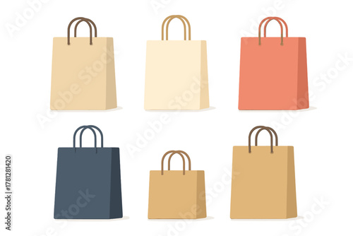 Six colorful paper shopping bags with handles isolated on a white background
