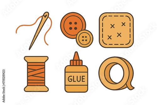 Essential sewing and crafting supplies set with needle, thread, buttons, glue, and tape