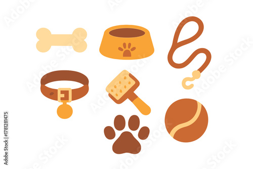 Set of essential dog care accessories including collar leash food bowl and toys