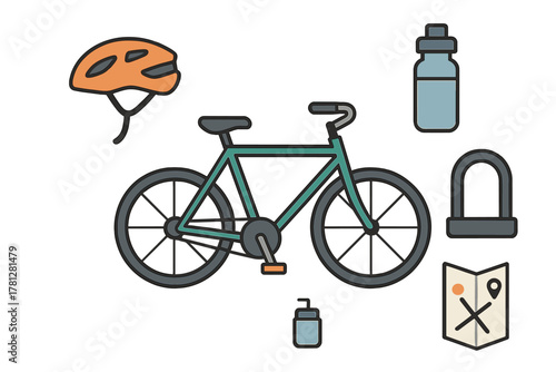 Essential cycling gear set including bicycle helmet water bottle lock pump and map