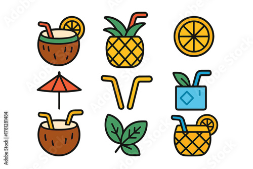 Colorful tropical summer drinks and cocktail ingredients icons collection
