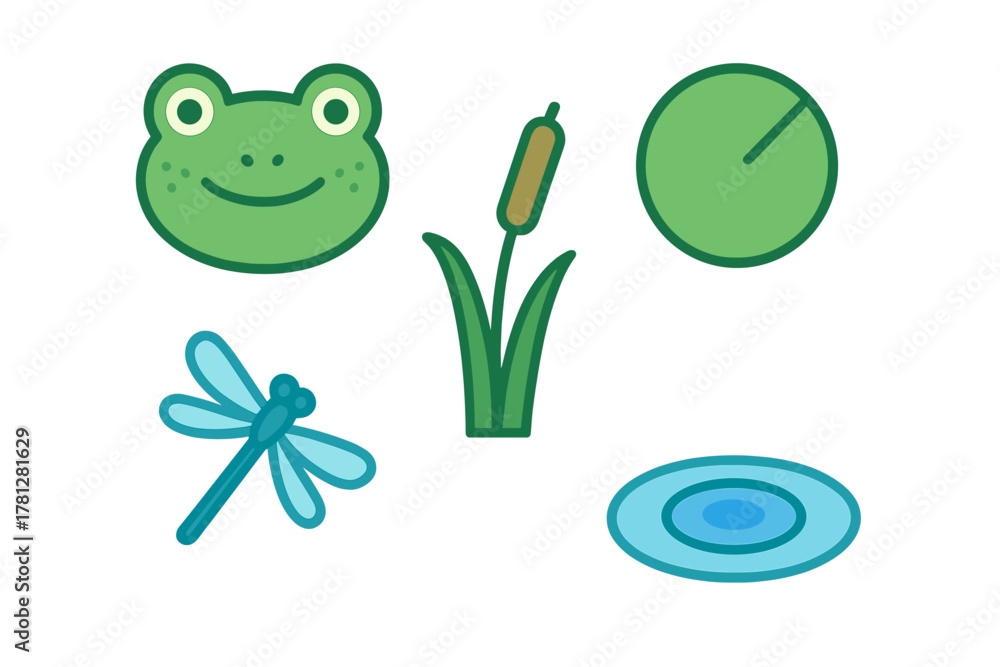 Fototapeta premium Stylized set of pond life elements including a happy frog face, blue dragonfly, green cattail, and lily pad