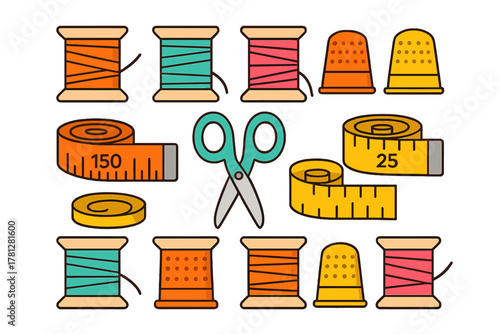 Colorful collection of essential sewing tools and tailoring equipment icons