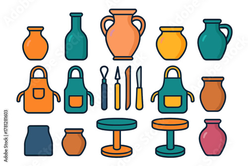Colorful pottery tools, ceramic vases, aprons, and sculpting equipment