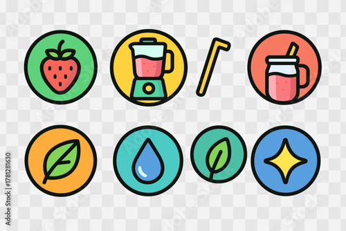 Vibrant icons set for healthy smoothies featuring strawberry, blender, straw, leaf, and water drop
