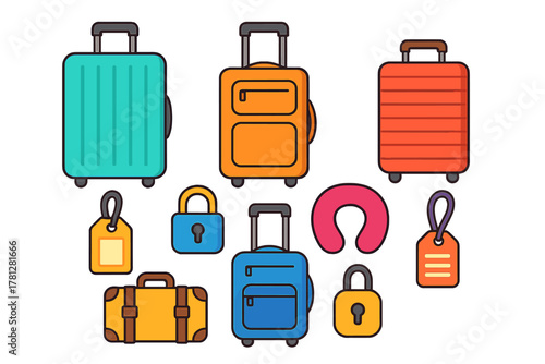 Colorful collection of travel bags, rolling suitcases, security padlocks, and baggage tags