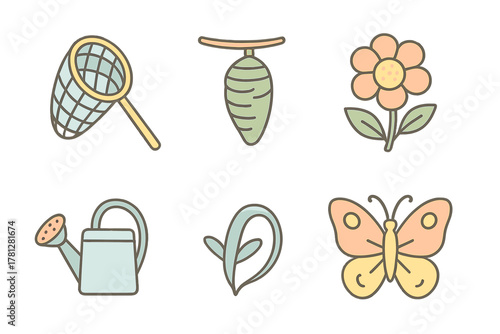 Pastel colored set of nature and gardening symbols including butterfly net, chrysalis, flower, watering can, sprout, and insect