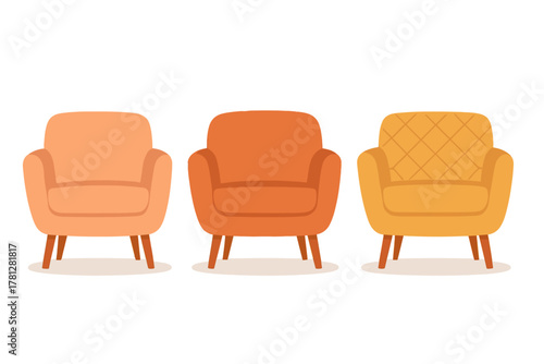 Three modern upholstered armchairs in warm orange and yellow tones isolated on white background