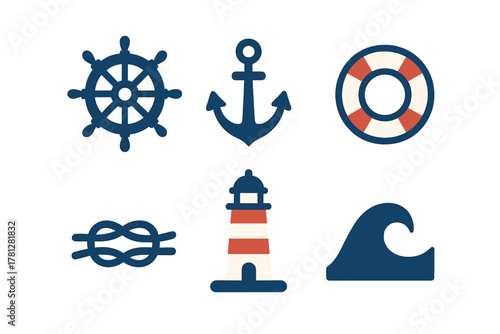 Nautical and marine symbols set featuring anchor, ship wheel, lighthouse, life buoy, knot, and wave