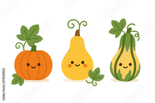 Three adorable smiling autumn gourds and pumpkin characters with green leaves and vines